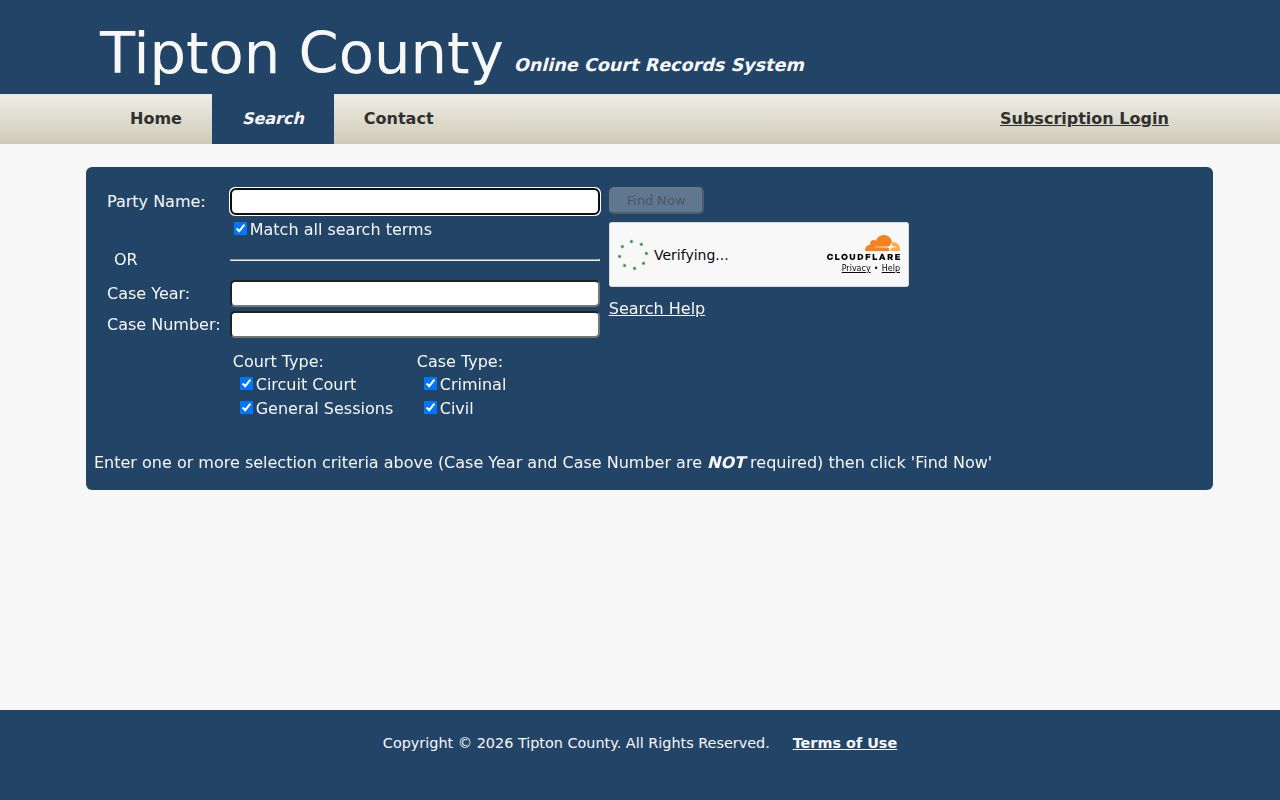 Tipton County warrant search: Party Name and case number search fields