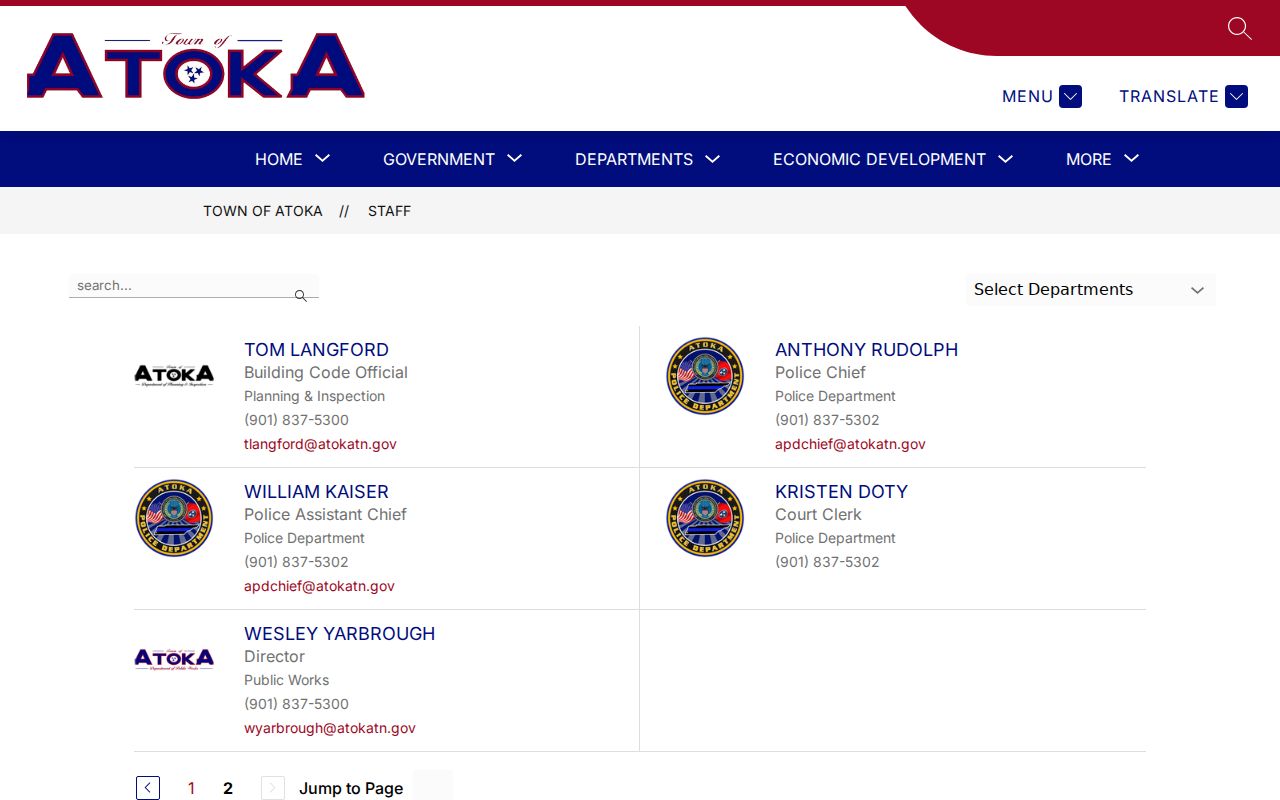 Atoka warrant records: public town staff contacts for police and court clerk routing