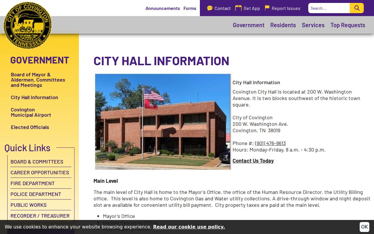 Covington and Tipton County warrant records: municipal address and City Hall department information
