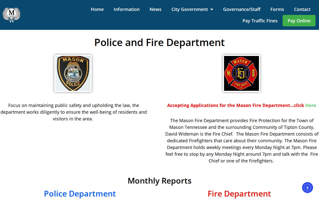 Mason and Tipton County warrant records: Police, Fire, and municipal contact on Main Street