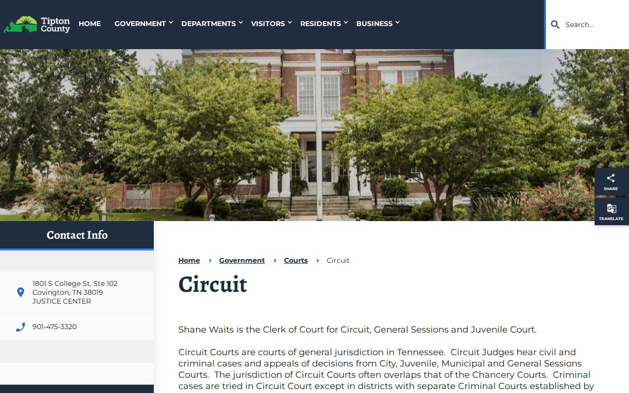 Tipton County warrant records: Circuit Criminal Court jurisdiction and Justice Center office